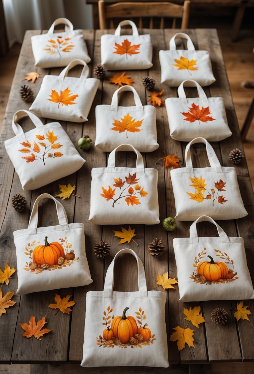 A collection of 15 canvas bags with hand-painted autumn leaves and seasonal designs arranged on a wooden table with scattered fall decorations.