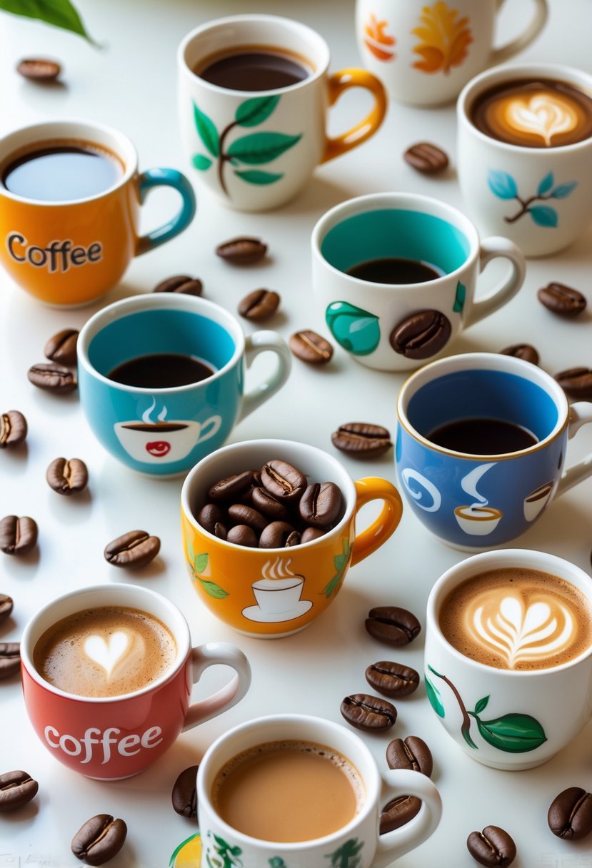 Fifteen cartoon coffee beans arranged around colorful ceramic mugs with painted coffee-themed designs on a clean surface.