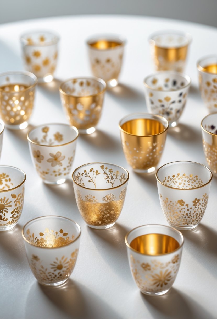 A collection of 15 small glass cups painted with gold and silver metallic designs arranged on a neutral surface.