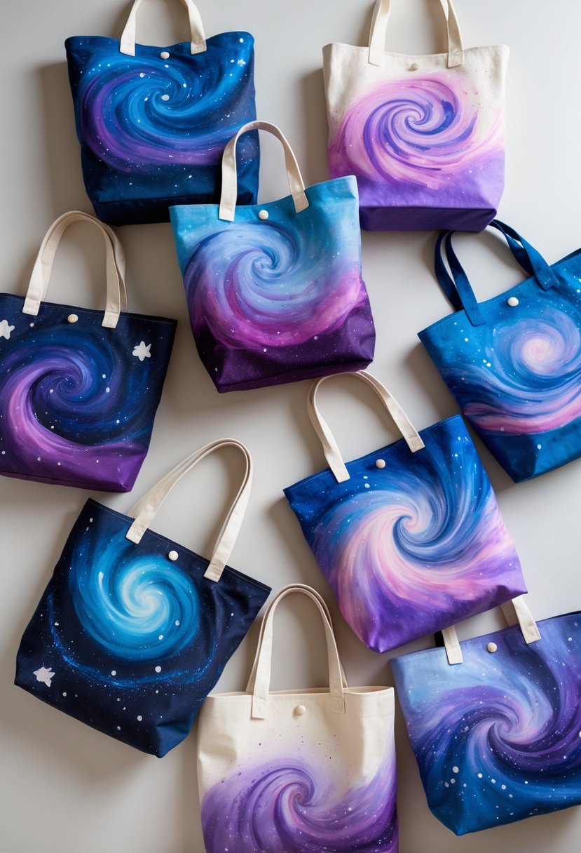 A collection of 15 canvas tote bags painted with colorful galaxy designs featuring star accents, arranged on a neutral background.