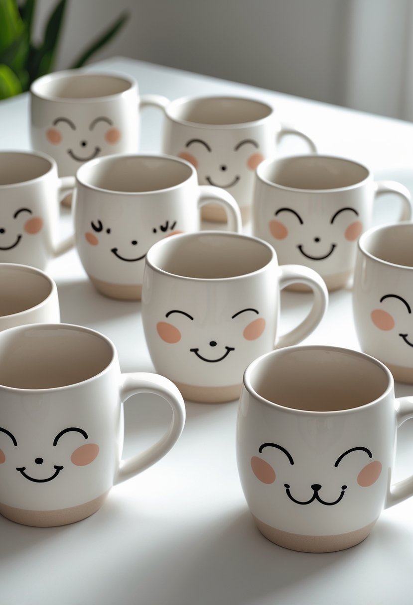 Fifteen ceramic mugs with different cute face designs arranged on a white surface.