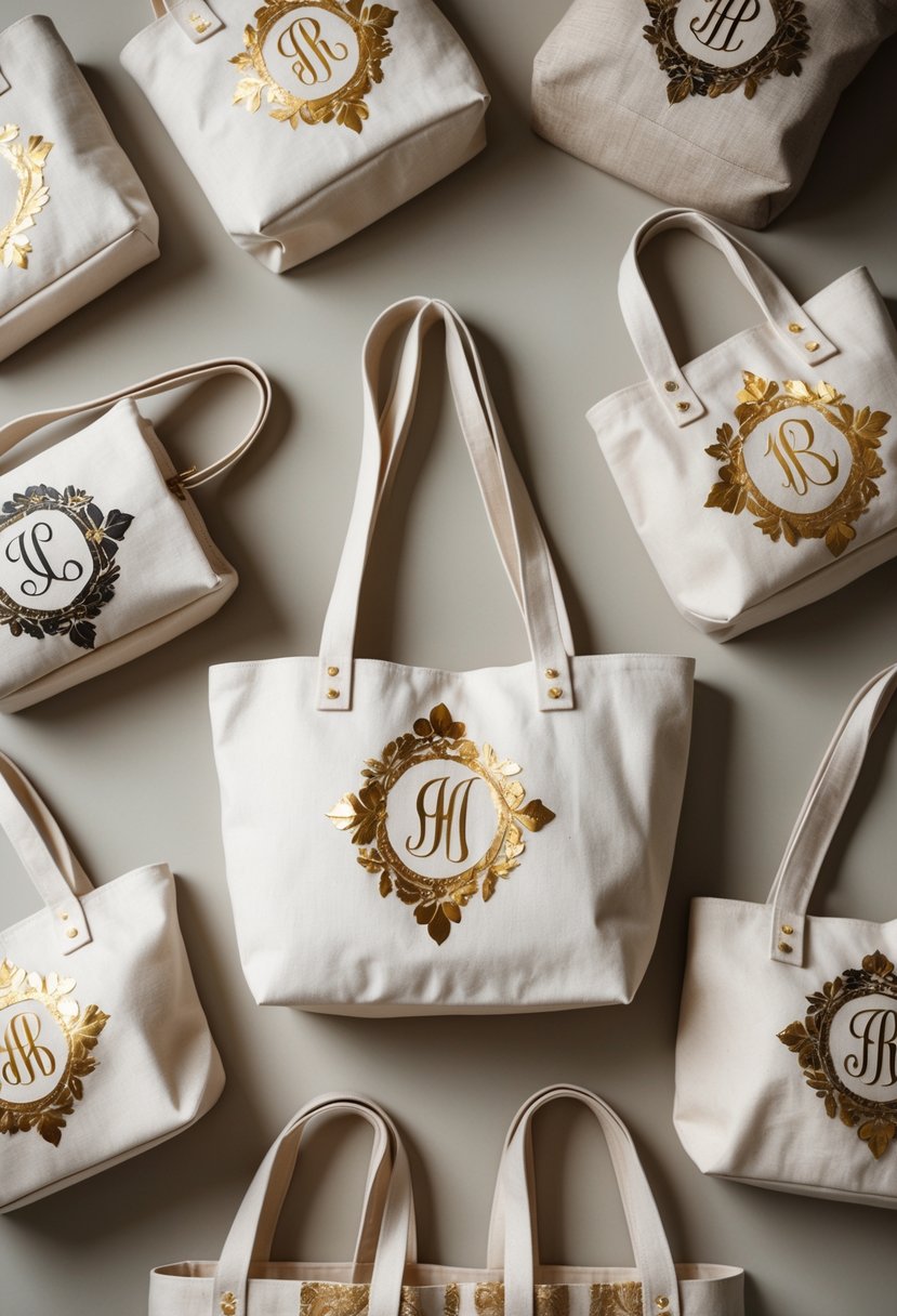A group of 15 canvas tote bags with custom monogram designs decorated with gold leaf accents arranged on a neutral background.