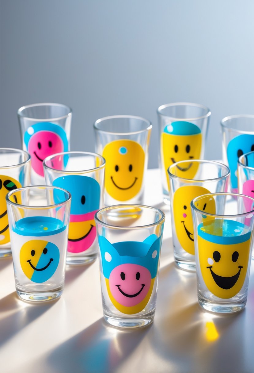 Fifteen glass cups arranged on a white surface, each painted with different colorful smiley faces showing various expressions.