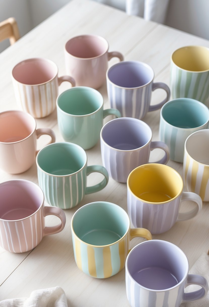 Fifteen ceramic mugs with striped handles in soft pastel colors arranged on a light wooden surface.