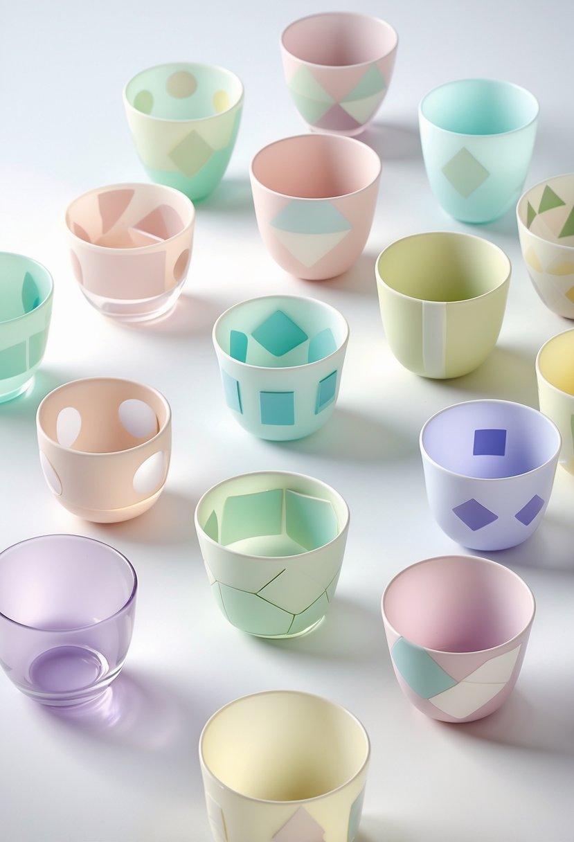 A collection of 15 glass cups decorated with pastel geometric shapes arranged on a neutral surface.