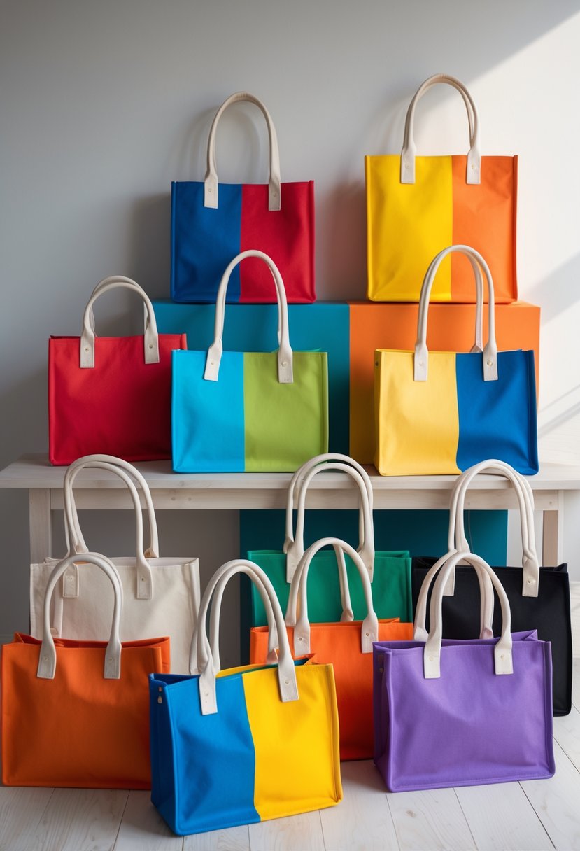 A collection of 15 canvas bags with bold color blocking designs displayed on a wooden surface.
