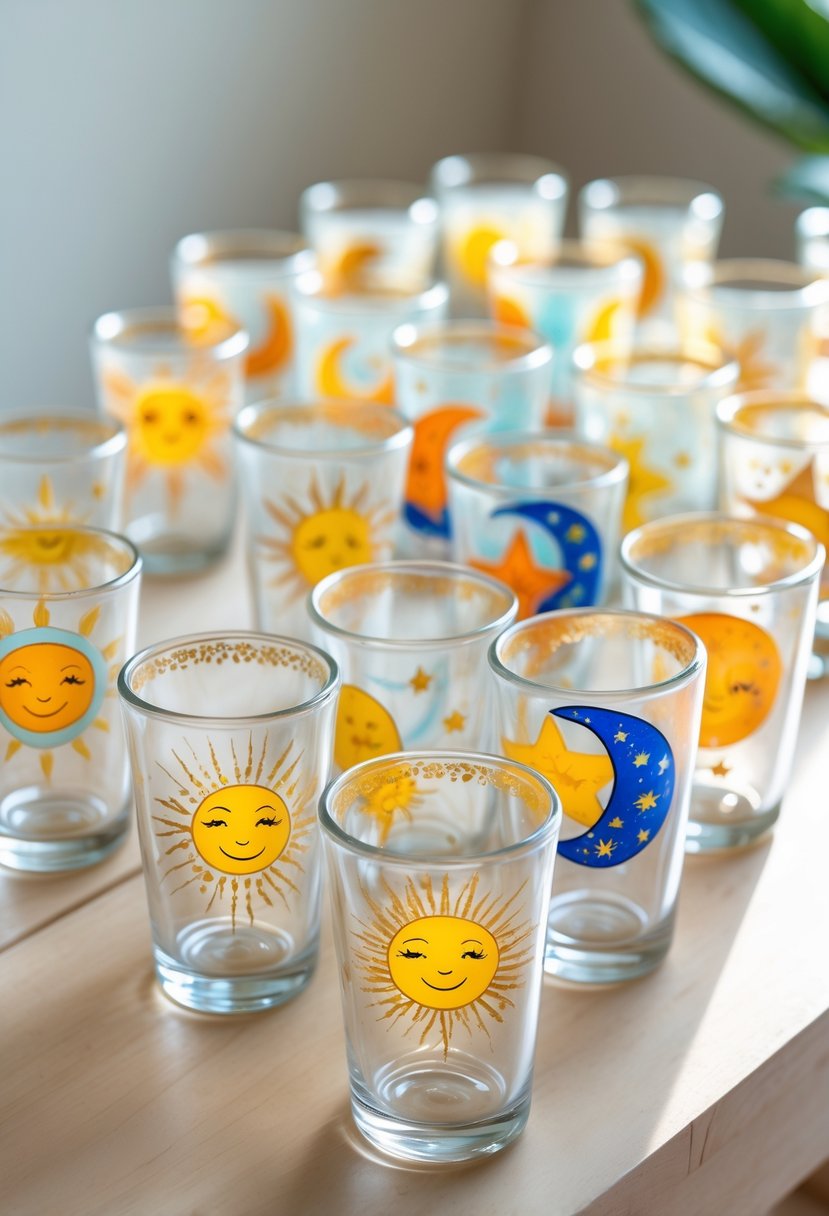 Fifteen glass cups painted with various sun and moon designs arranged on a wooden table.