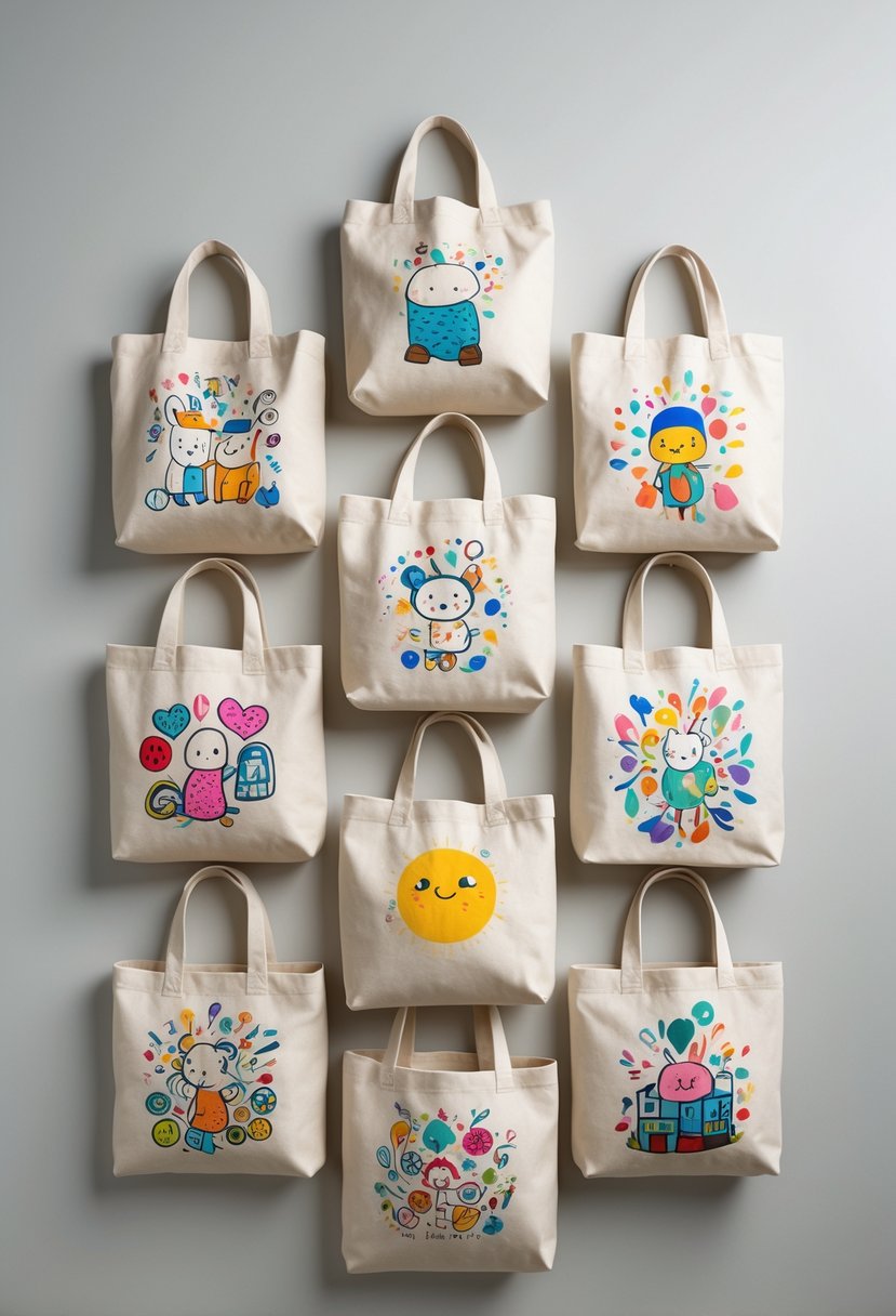 Fifteen canvas bags with colorful and playful painted designs arranged neatly on a plain surface.