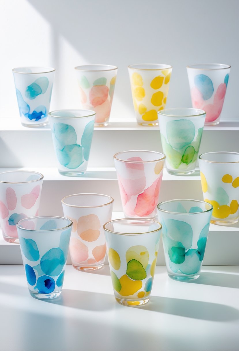Fifteen colorful glass cups with abstract watercolor patterns arranged on a white surface.
