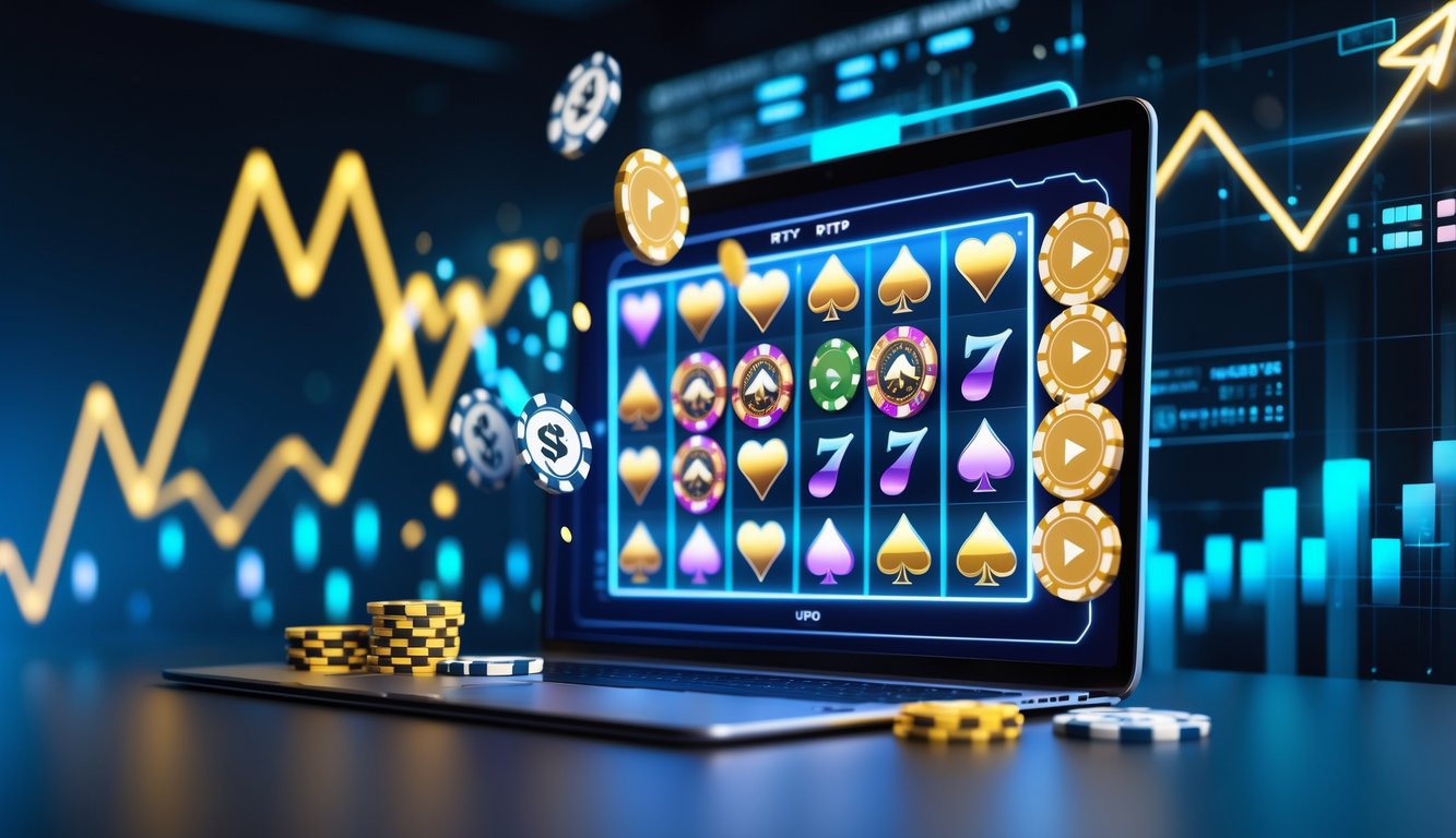 Antarmuka digital modern dengan elemen permainan kasino seperti slot, chip poker, dan kartu remi yang bersinar, dengan latar grafik tren naik yang abstrak.