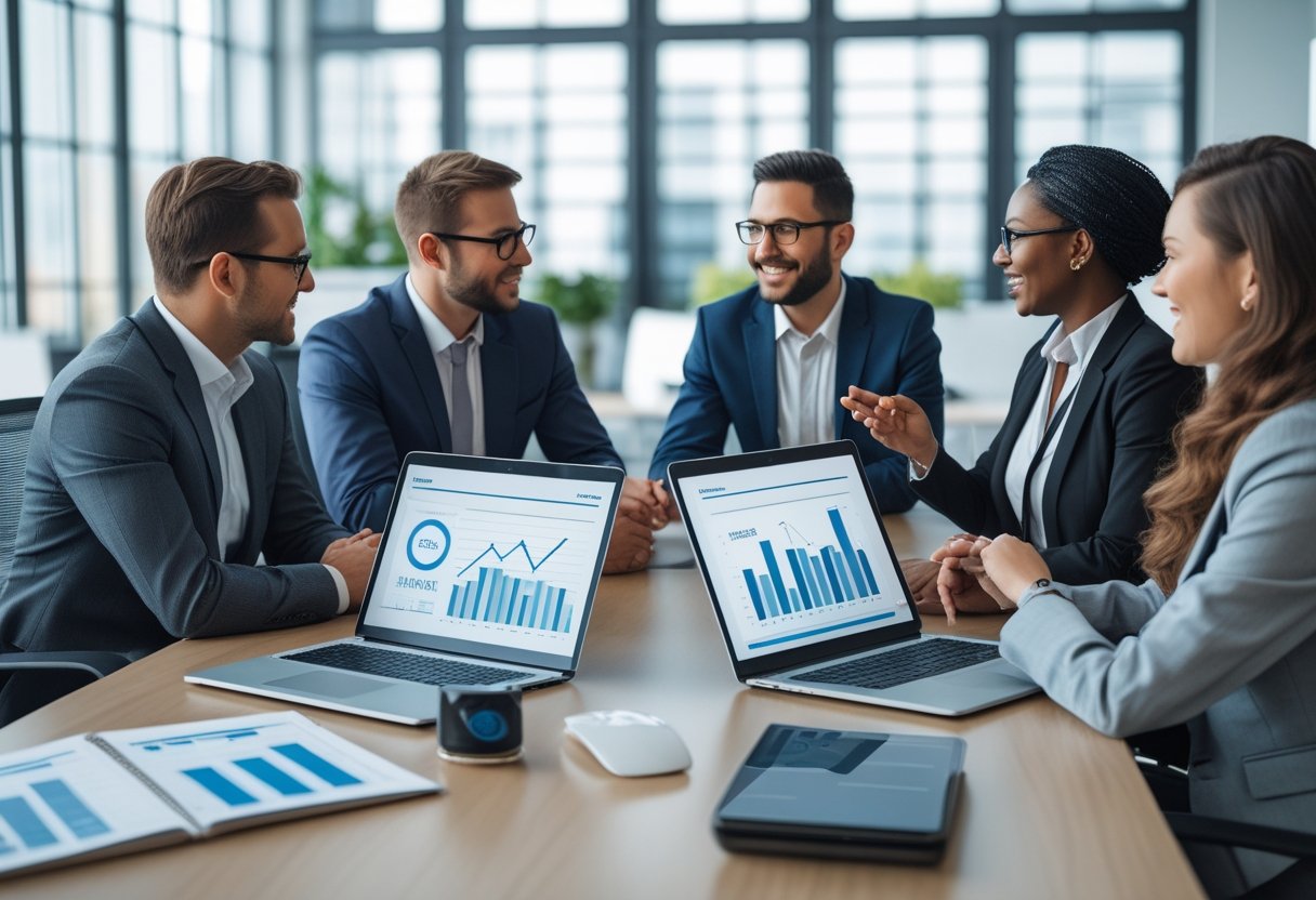 B2B Marketing: Kanäle und bewährte Methoden 1 Geschäftsleute in einem modernen Büro bei einer Besprechung mit Laptops und Diagrammen auf dem Tisch.