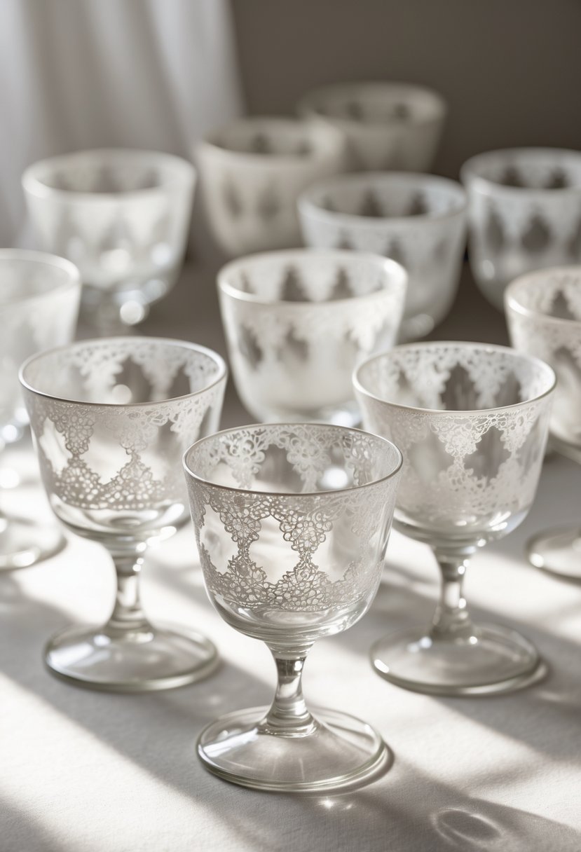 A collection of 15 clear glass cups decorated with delicate white lace patterns painted on them, arranged neatly on a plain surface.