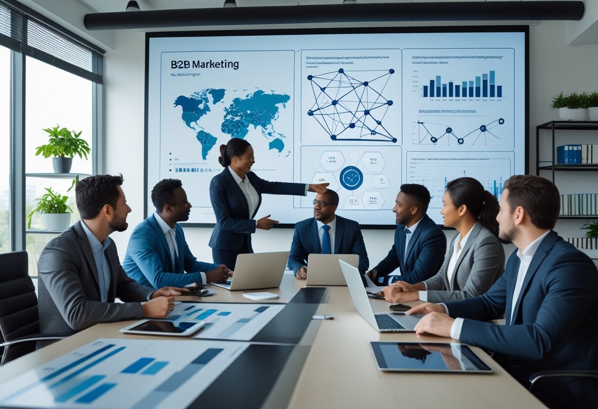 B2B Marketing: Kanäle und bewährte Methoden 2 Geschäftsleute in einem modernen Büro bei einer Besprechung zu B2B-Marketing, die gemeinsam an einem Konferenztisch sitzen und Daten auf einem Bildschirm betrachten.