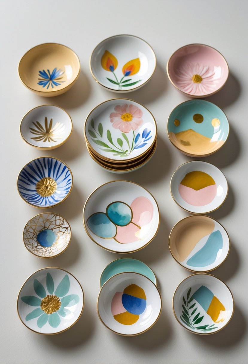 A collection of 15 decorative trinket dishes with various colorful painted designs arranged on a plain surface.