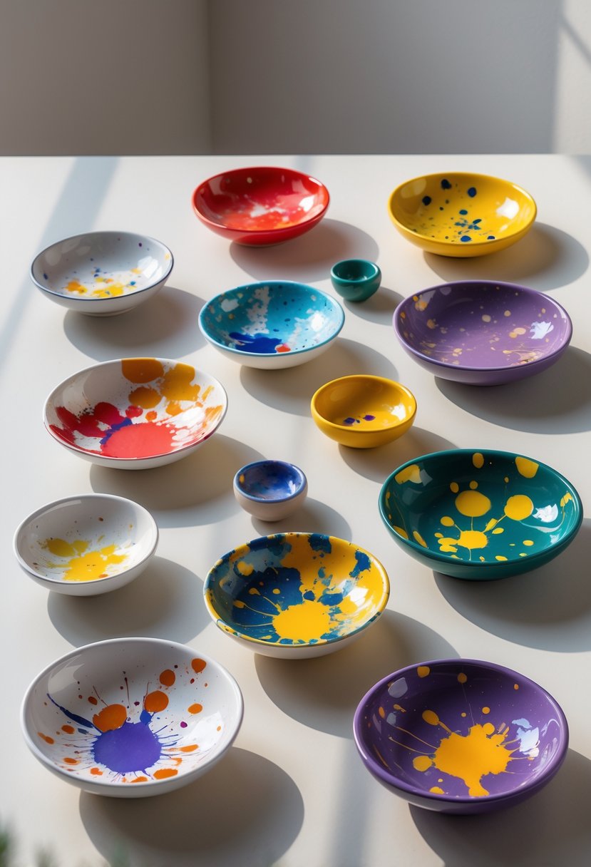 A collection of 15 colorful trinket dishes with vibrant splatter paint designs arranged on a plain surface.