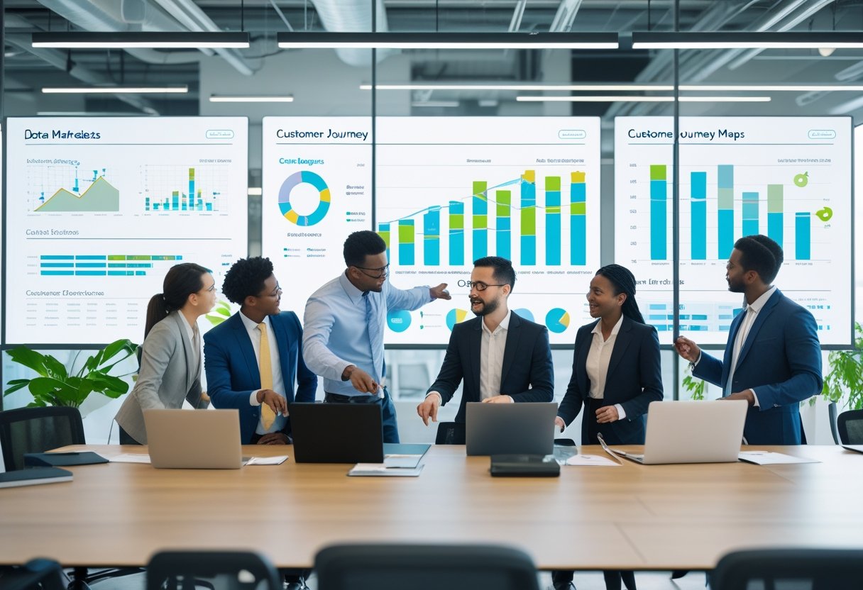 B2B Marketing: Kanäle und bewährte Methoden 3 Eine Gruppe von Geschäftspersonen in einem modernen Besprechungsraum diskutiert gemeinsam über Daten und Diagramme.