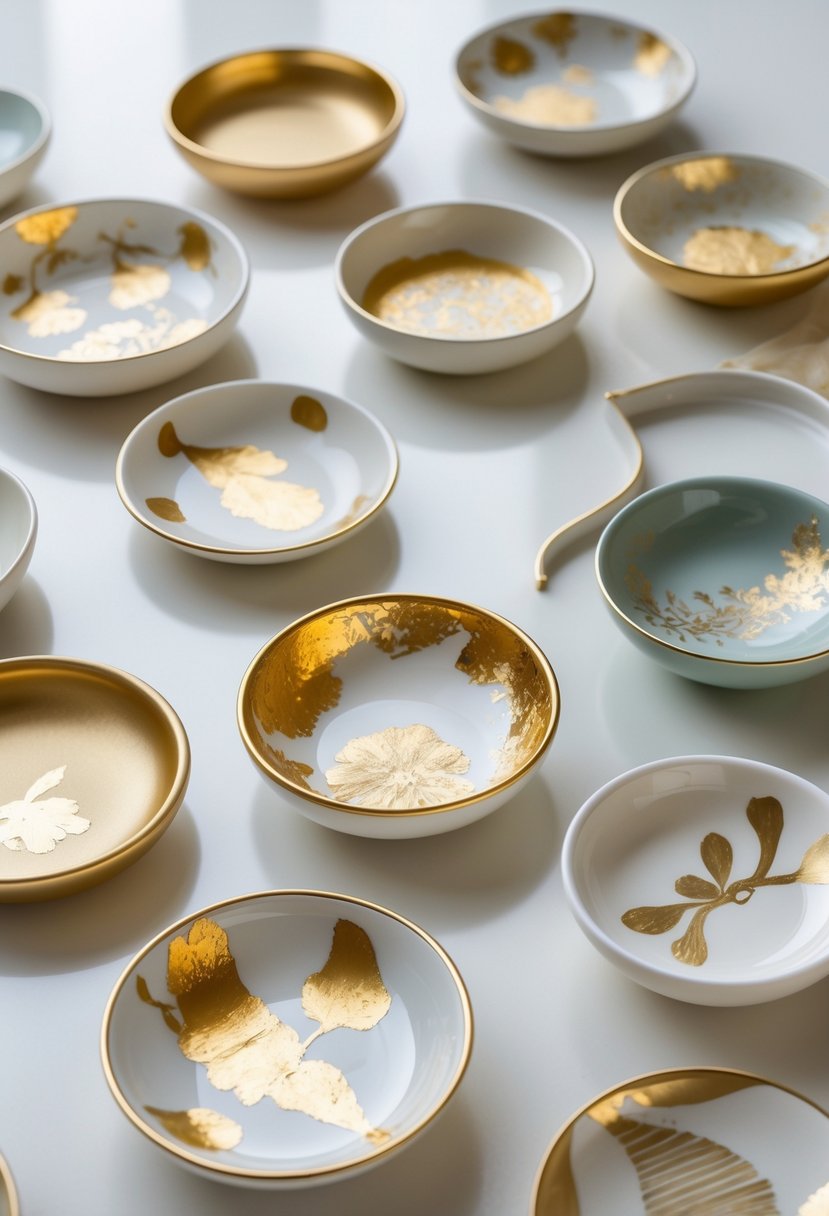 Fifteen decorative trinket dishes with gold accents arranged neatly on a light surface.