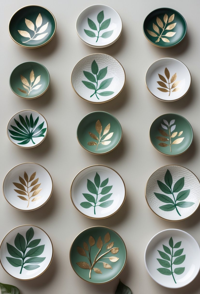 A collection of 15 decorative trinket dishes with various leaf patterns arranged on a neutral surface.