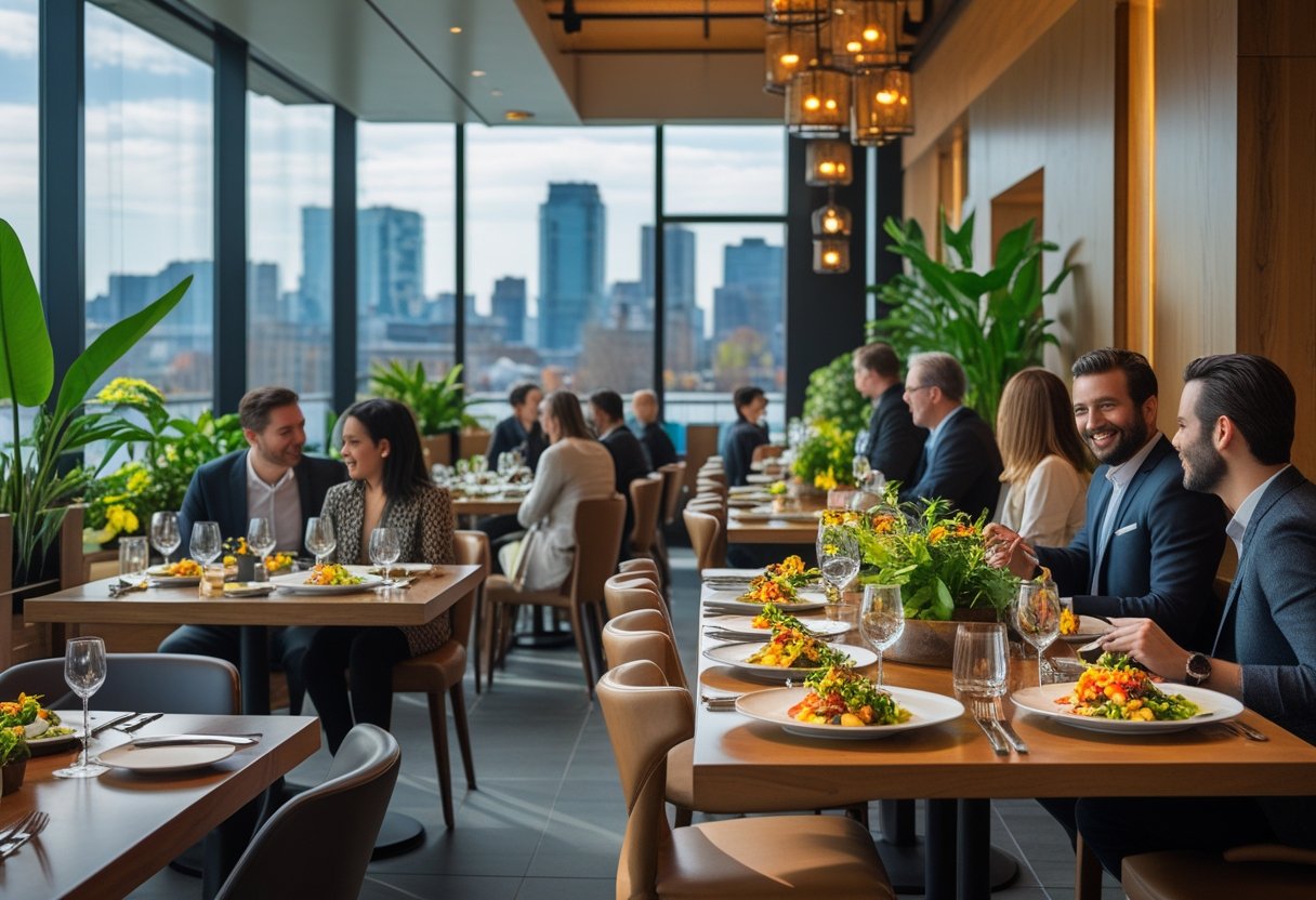 Intérieur d'un restaurant moderne à Montréal avec des tables élégantes, des plats colorés et des clients en train de dîner.