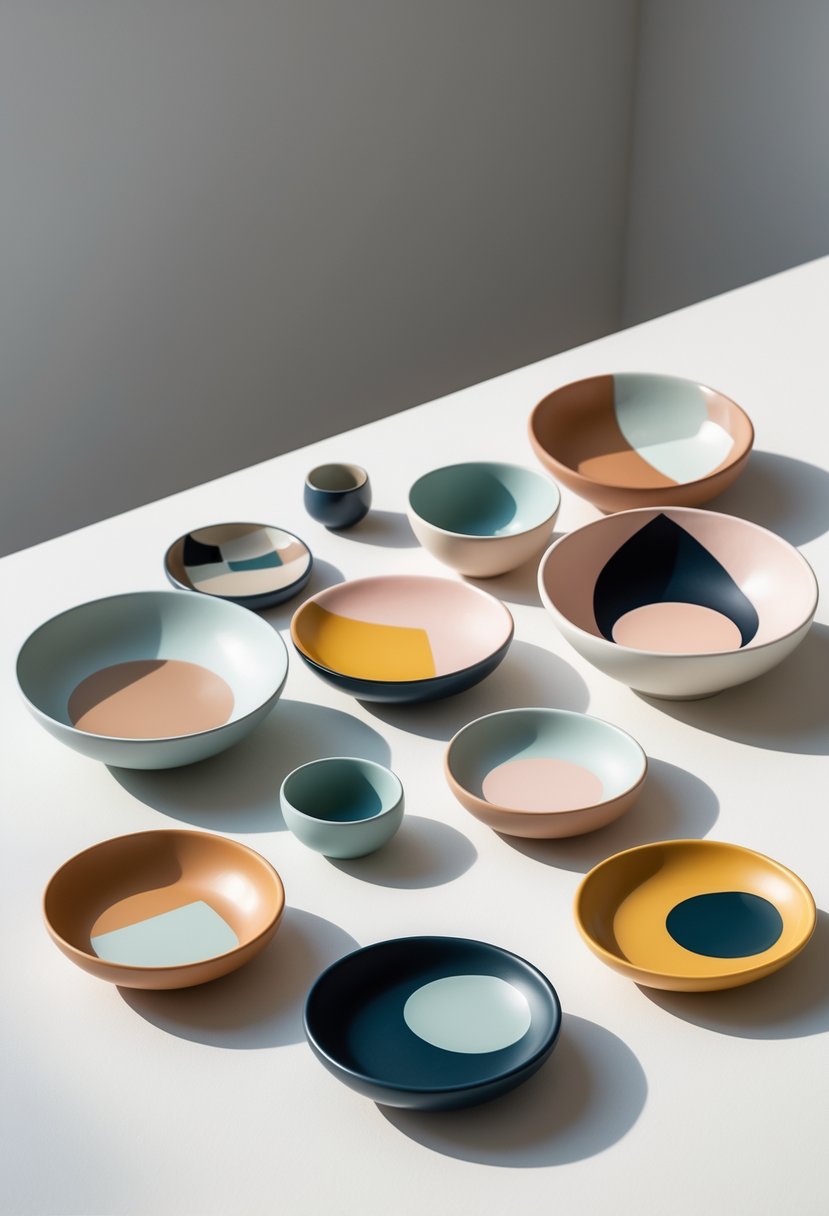 A collection of 15 colorful trinket dishes with various geometric shapes arranged on a smooth surface.