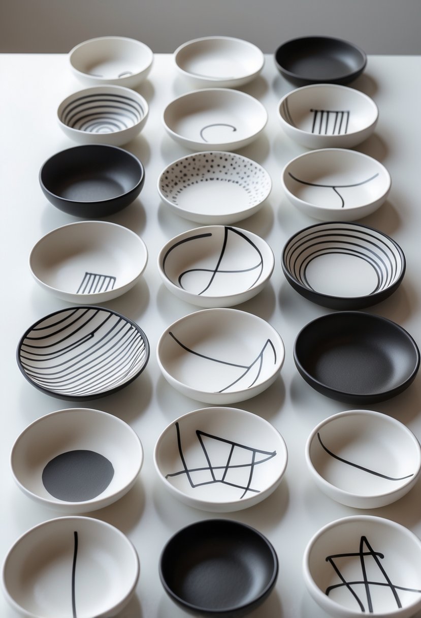 Fifteen ceramic trinket dishes with black and white painted designs arranged on a white surface.