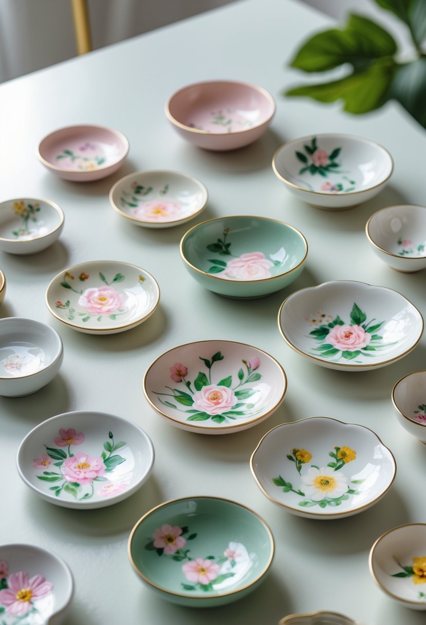 A collection of small ceramic trinket dishes with various delicate floral designs arranged on a light surface.