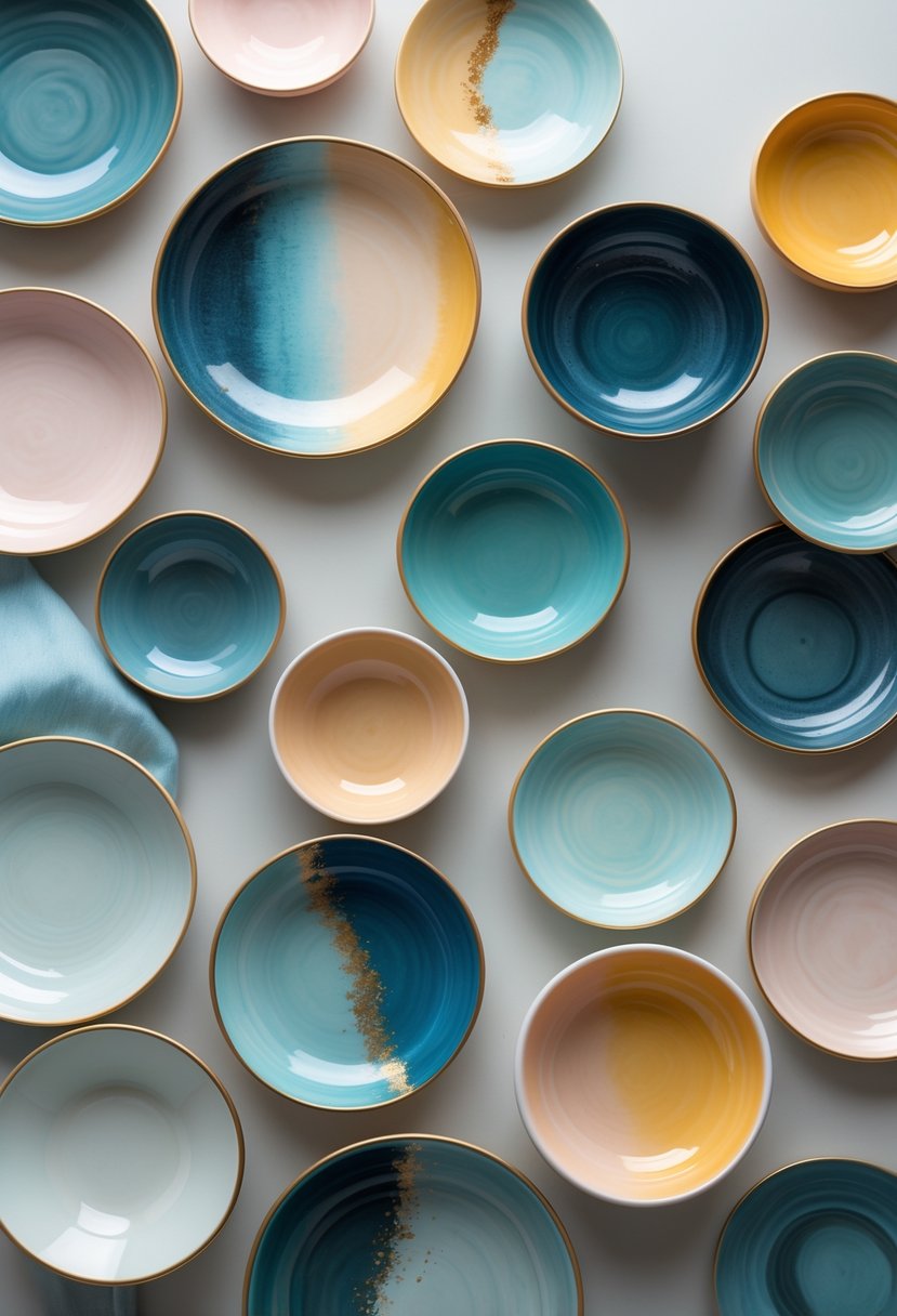 A collection of 15 colorful trinket dishes with smooth gradient color transitions arranged on a plain surface.