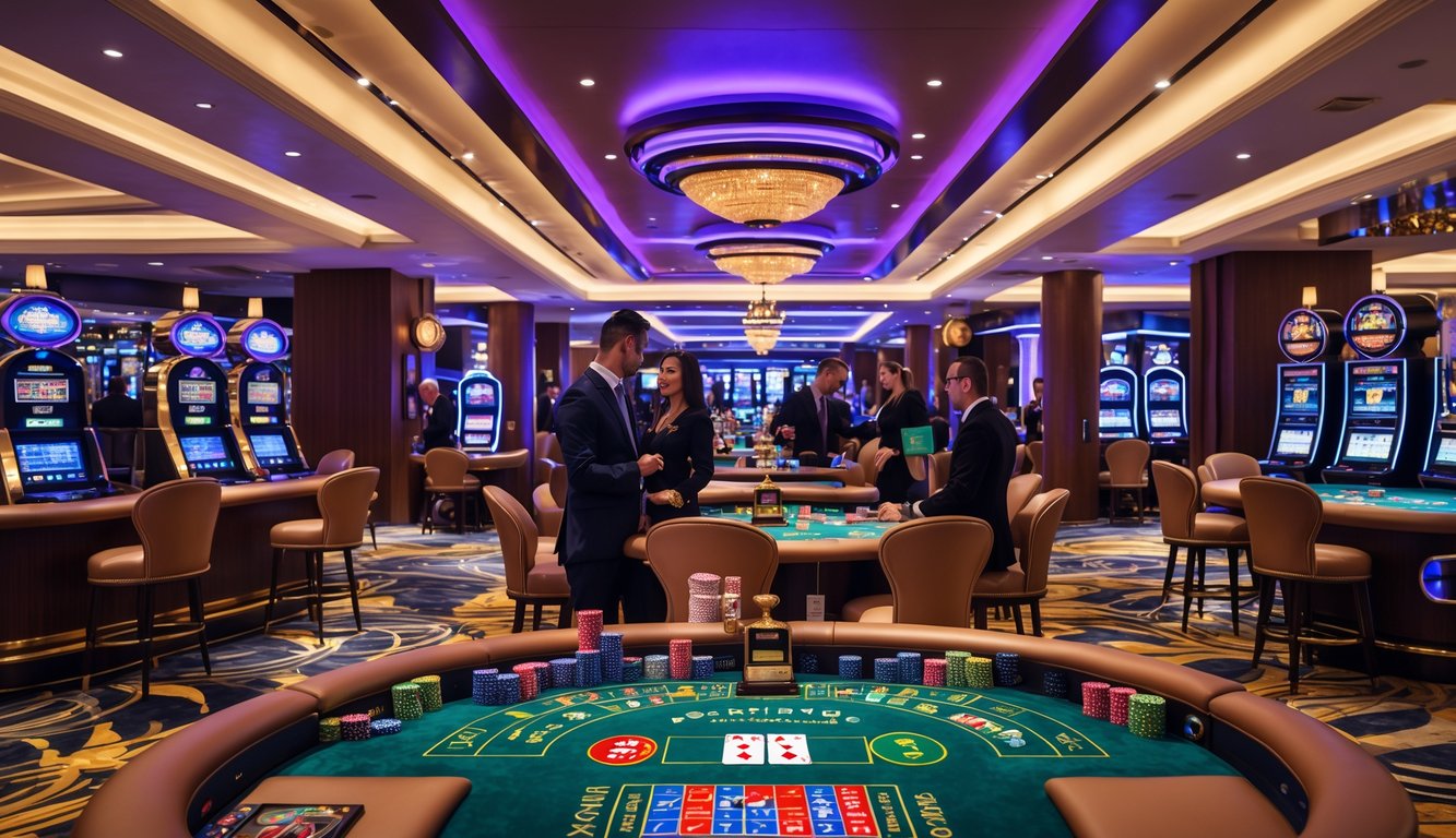 Interior kasino mewah dengan meja permainan, mesin slot, dan orang-orang bermain judi.