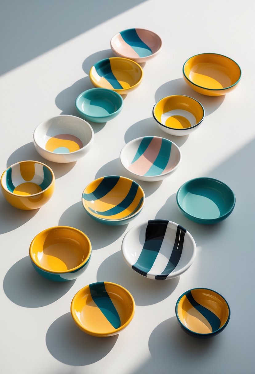 A collection of colorful striped trinket dishes arranged on a plain surface.