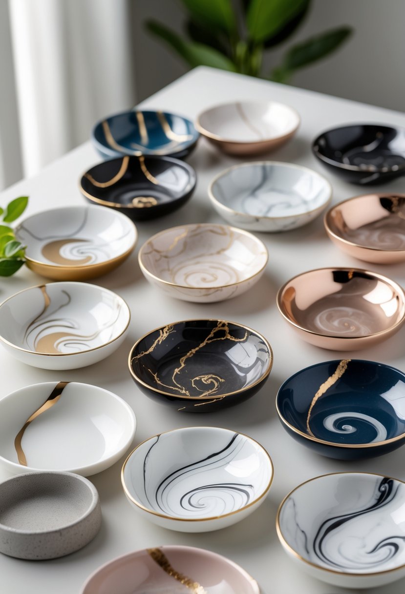 A collection of 15 ceramic trinket dishes with marbled swirl and vein patterns arranged on a light surface.