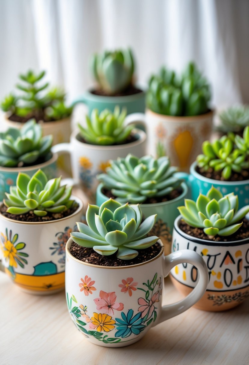 A collection of 15 small succulent plants in colorful, hand-painted ceramic mugs arranged on a wooden surface.