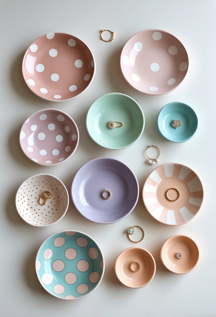 A collection of 15 small dishes with pastel polka dot patterns arranged on a neutral surface, some holding small pieces of jewelry.
