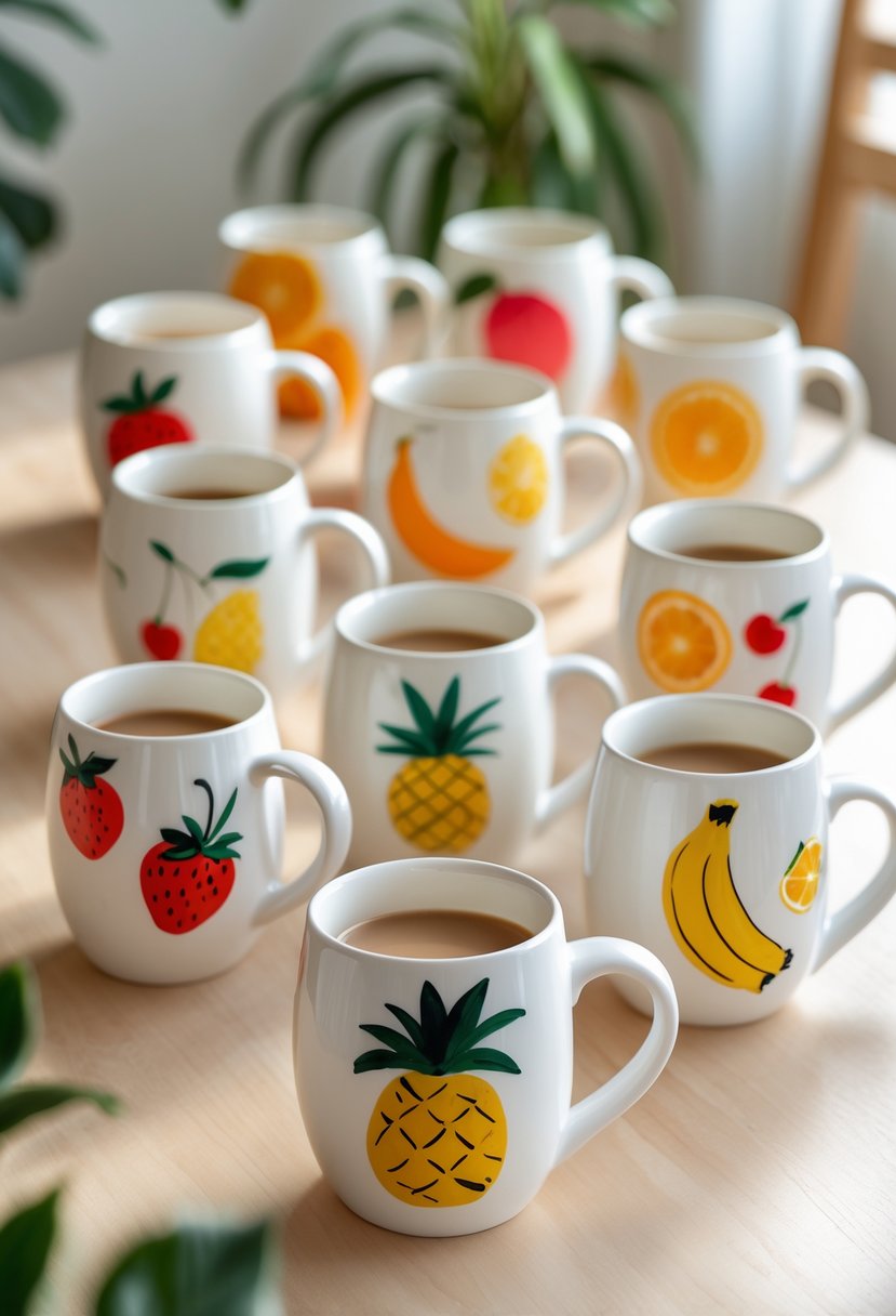 Fifteen ceramic mugs painted with colorful fruit illustrations arranged on a table.
