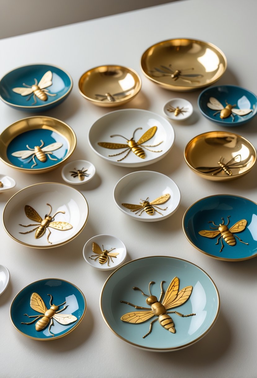 A collection of 15 decorative trinket dishes featuring detailed insect designs arranged on a plain surface.