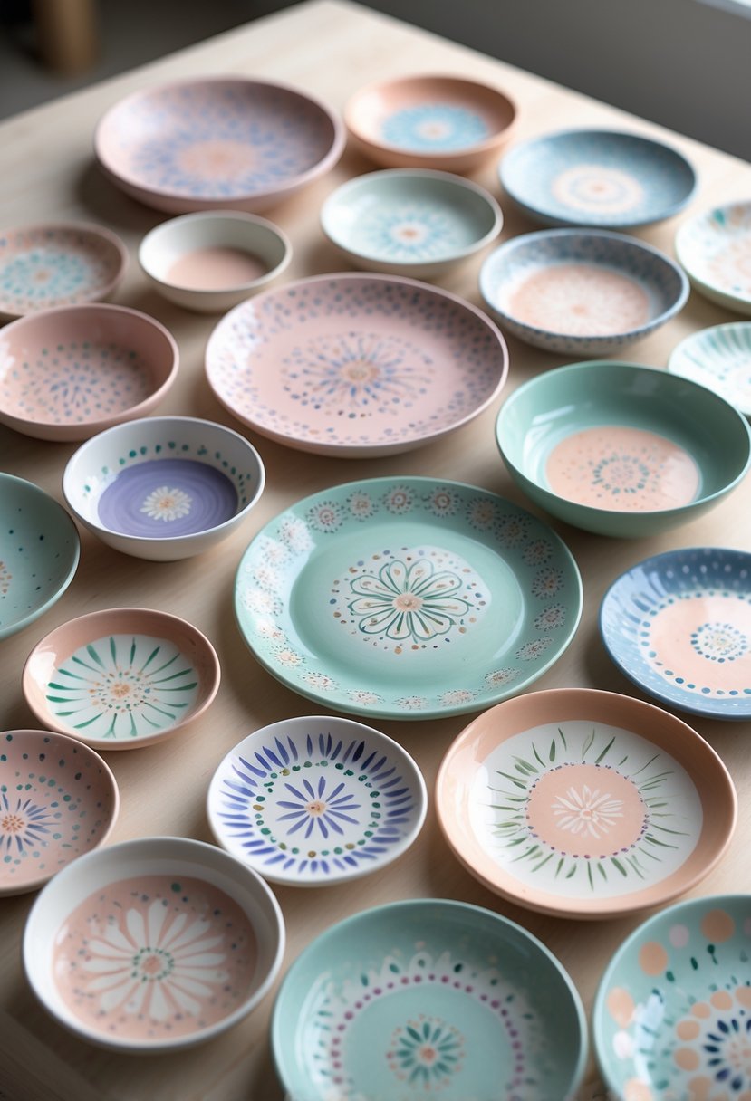 A collection of 15 small ceramic plates painted with colorful dot patterns arranged on a wooden surface.
