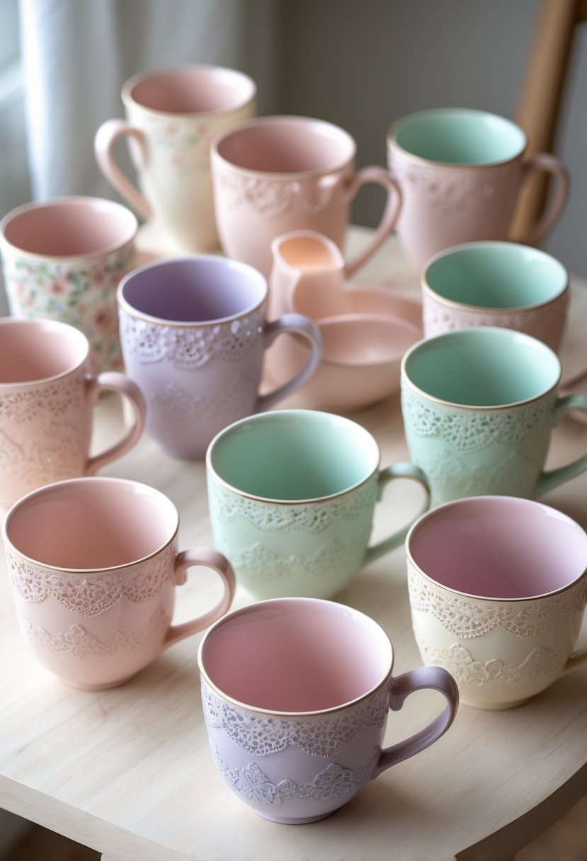 A collection of 15 ceramic mugs with delicate lace patterns painted on them, arranged on a wooden table.
