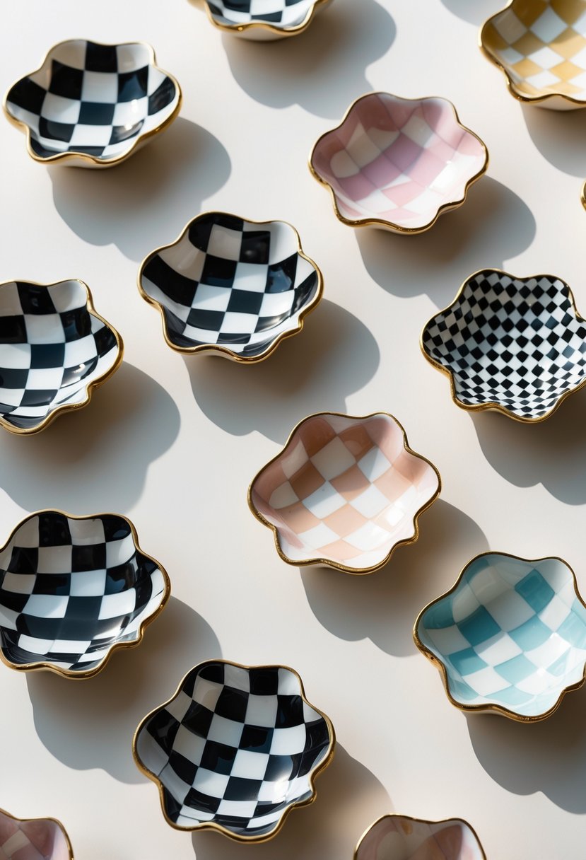 A collection of scallop shell-shaped dishes with different checkered patterns arranged on a plain surface.