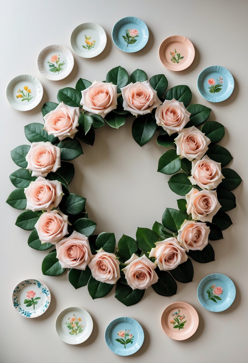 A floral wreath made of delicate roses surrounded by 15 small ceramic plates with painted floral designs on a neutral background.