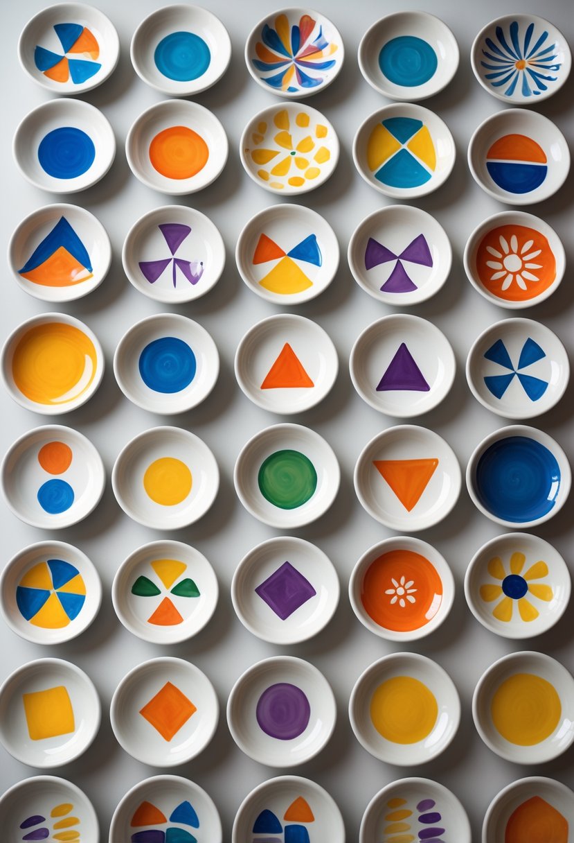 A collection of 15 small ceramic plates with colorful geometric shapes painted on them, arranged neatly on a plain surface.