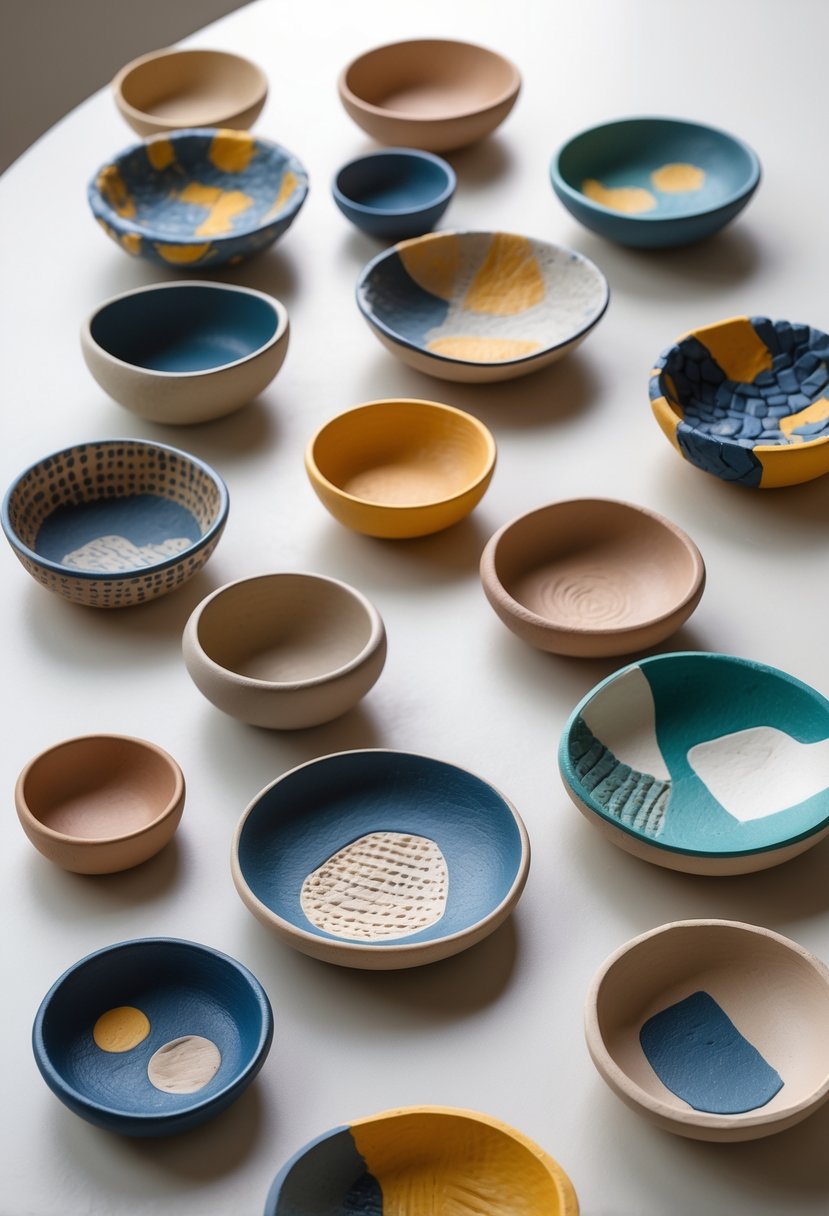 A collection of 15 painted air dry clay trinket dishes arranged on a neutral surface.