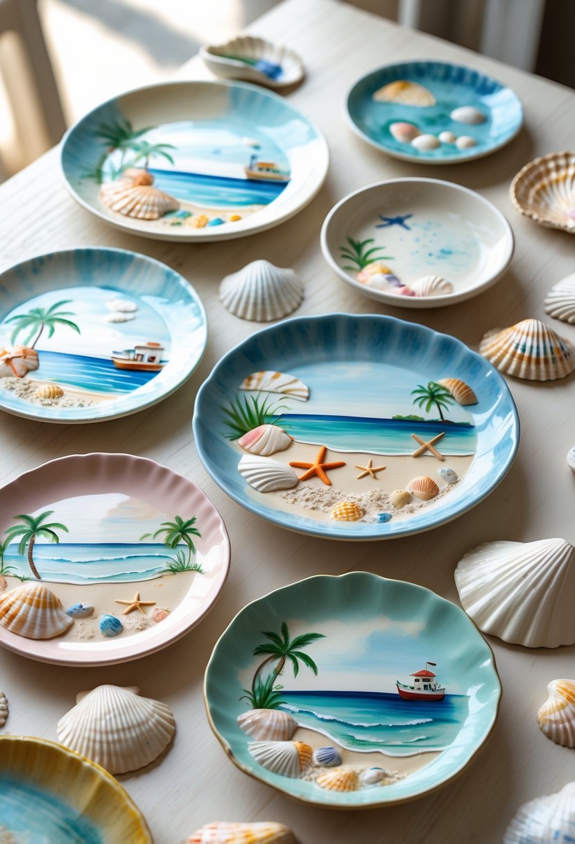 A collection of ceramic plates painted with seashells and beach scenes arranged on a wooden surface.