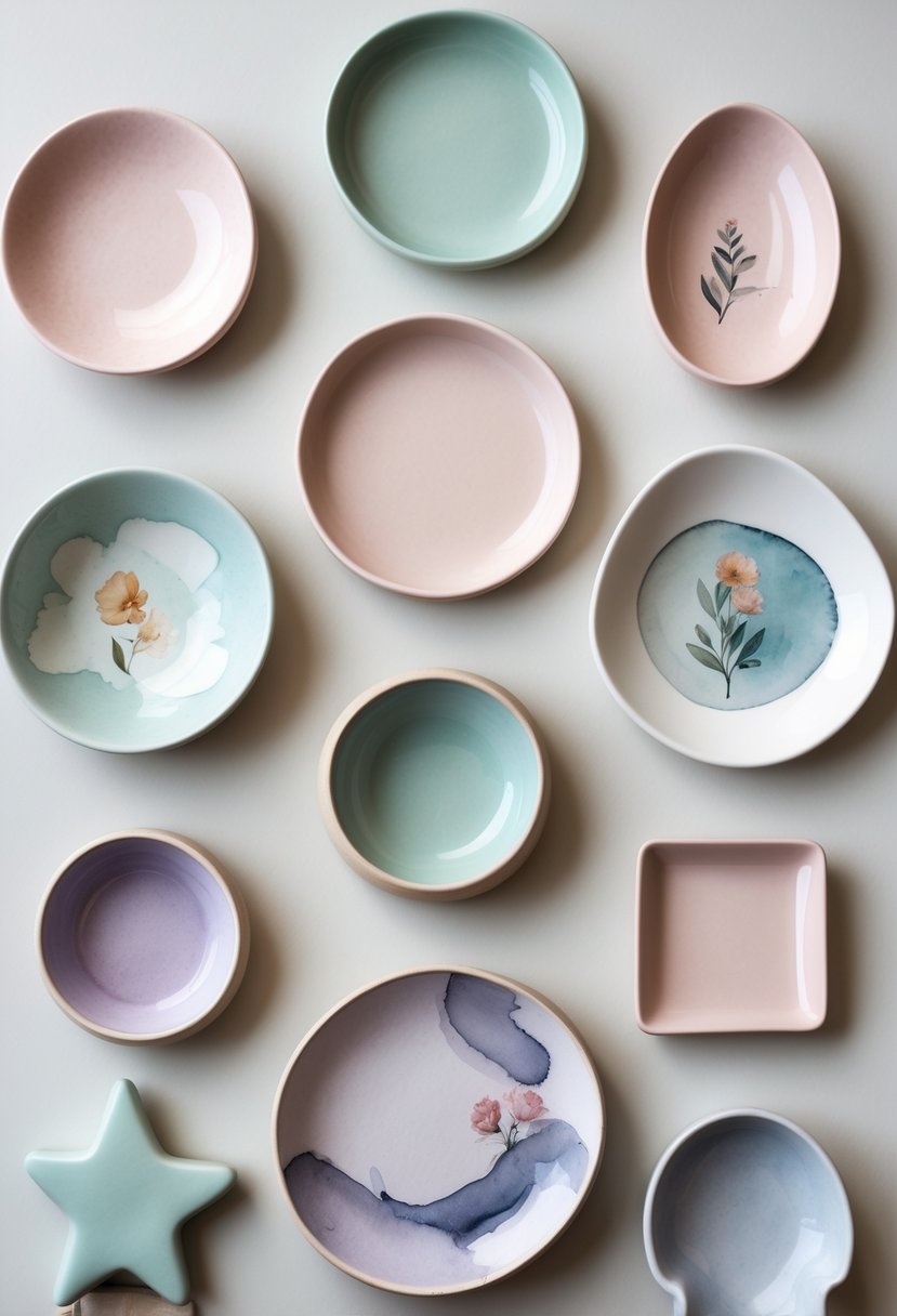 A collection of 15 stylish trinket dishes with various shapes and soft pastel colors arranged neatly on a light background.