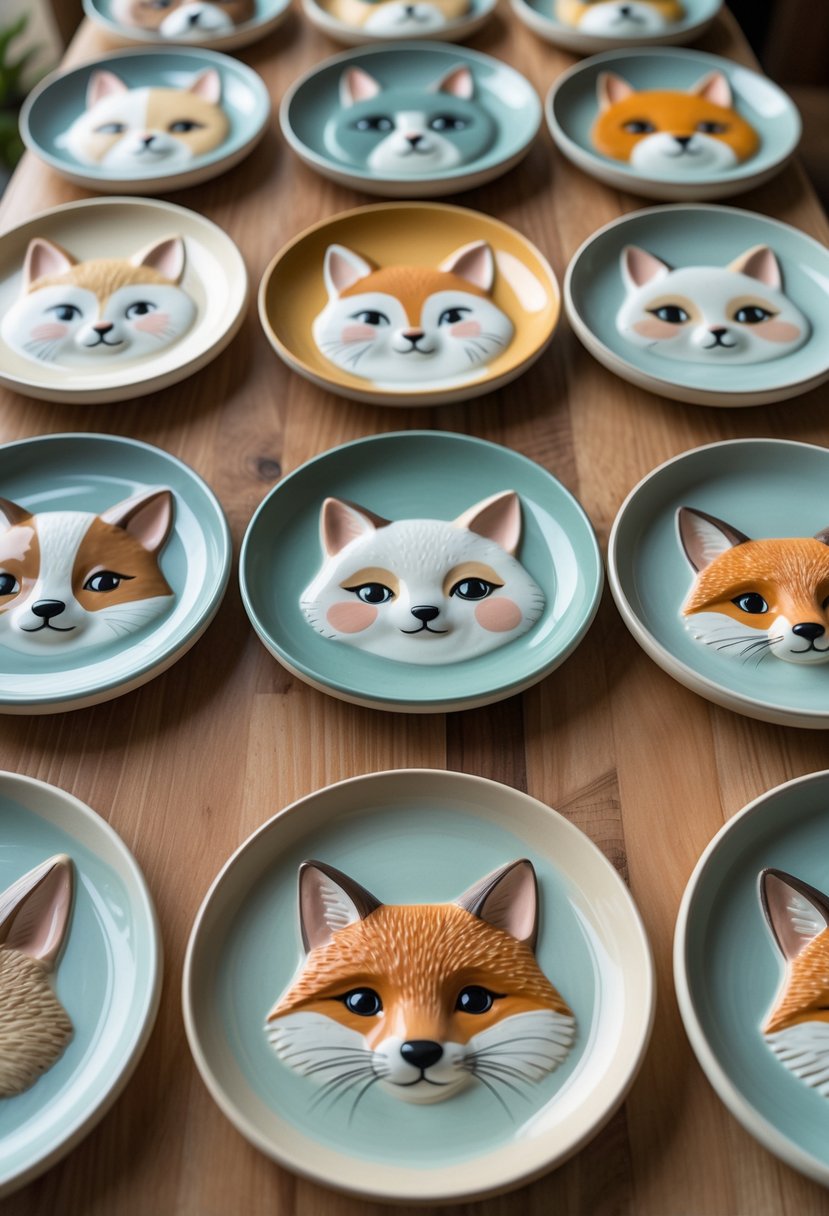 A collection of 15 ceramic plates each painted with a different cute animal face, arranged on a wooden surface.