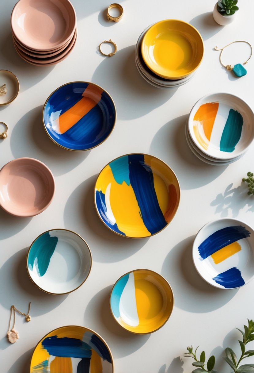 A collection of 15 colorful trinket dishes with bold brushstroke patterns arranged on a neutral surface.