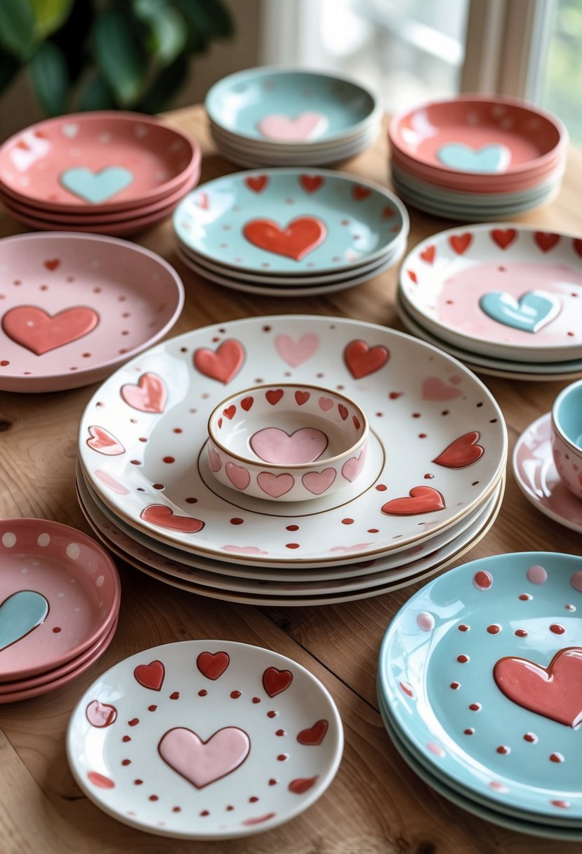 A collection of 15 ceramic plates decorated with hearts and polka dots arranged on a wooden table.