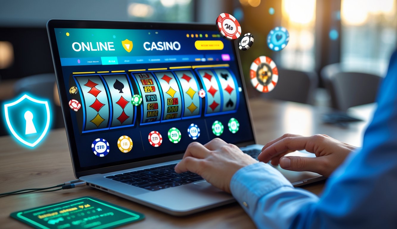 Seorang pengguna berinteraksi dengan laptop yang menampilkan situs kasino online dengan simbol slot, kartu poker, dan roda roulette, di lingkungan kerja yang terang dan aman.