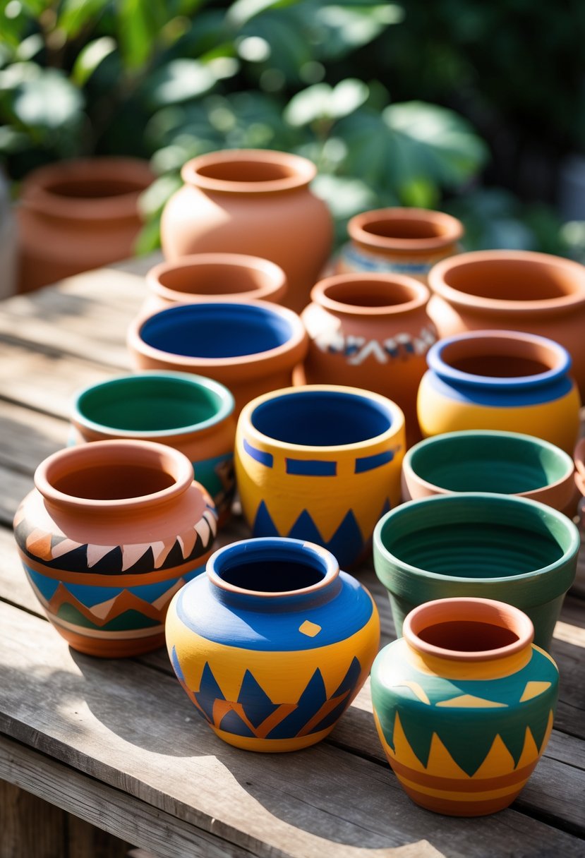 Fifteen terracotta pots with colorful geometric patterns arranged on a wooden surface.