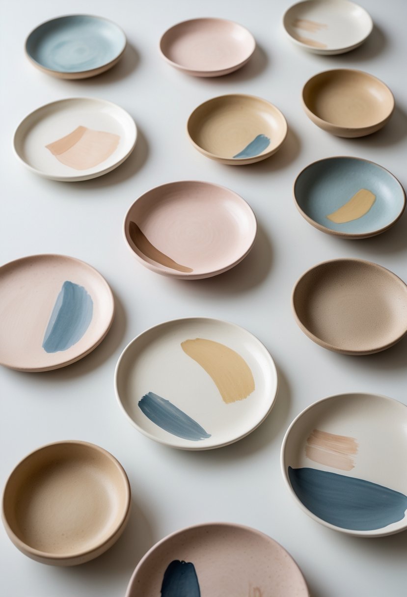 Fifteen small ceramic plates with colorful abstract paintings arranged on a white surface.