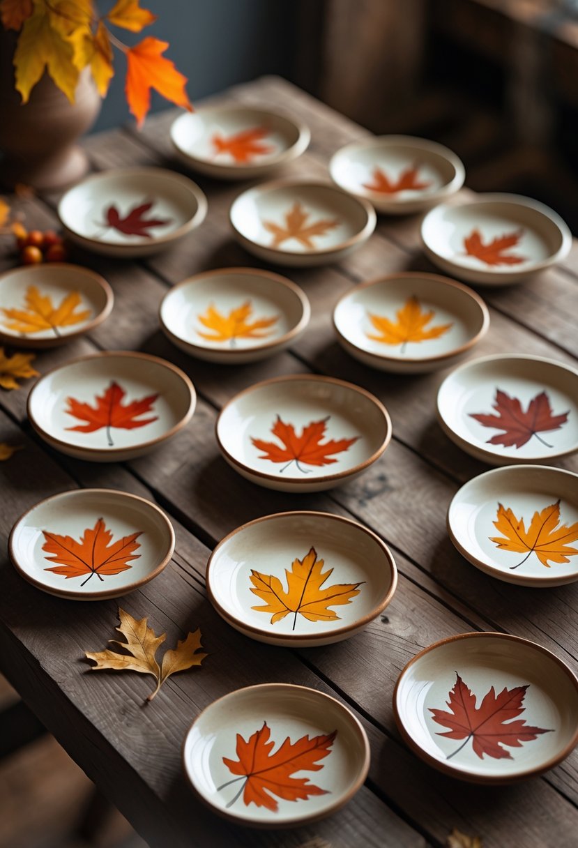 A collection of 15 small pottery plates painted with autumn leaves in warm colors arranged on a wooden table.