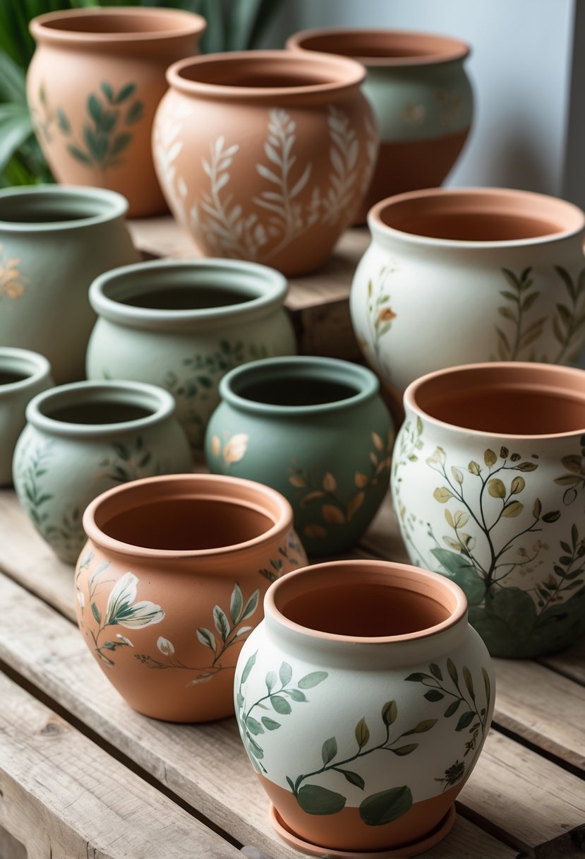A collection of 15 terracotta pots with different hand-painted botanical designs arranged on a wooden surface.